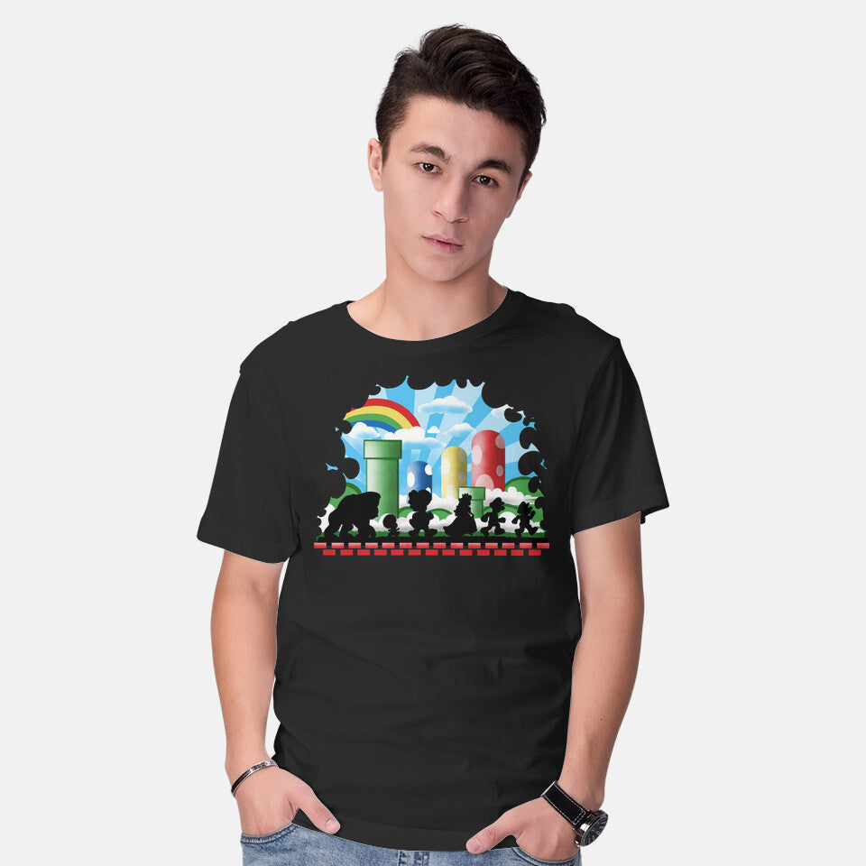 Model wearing black The Fellowship Of The Plumbers – Gaming Graphic T-Shirt