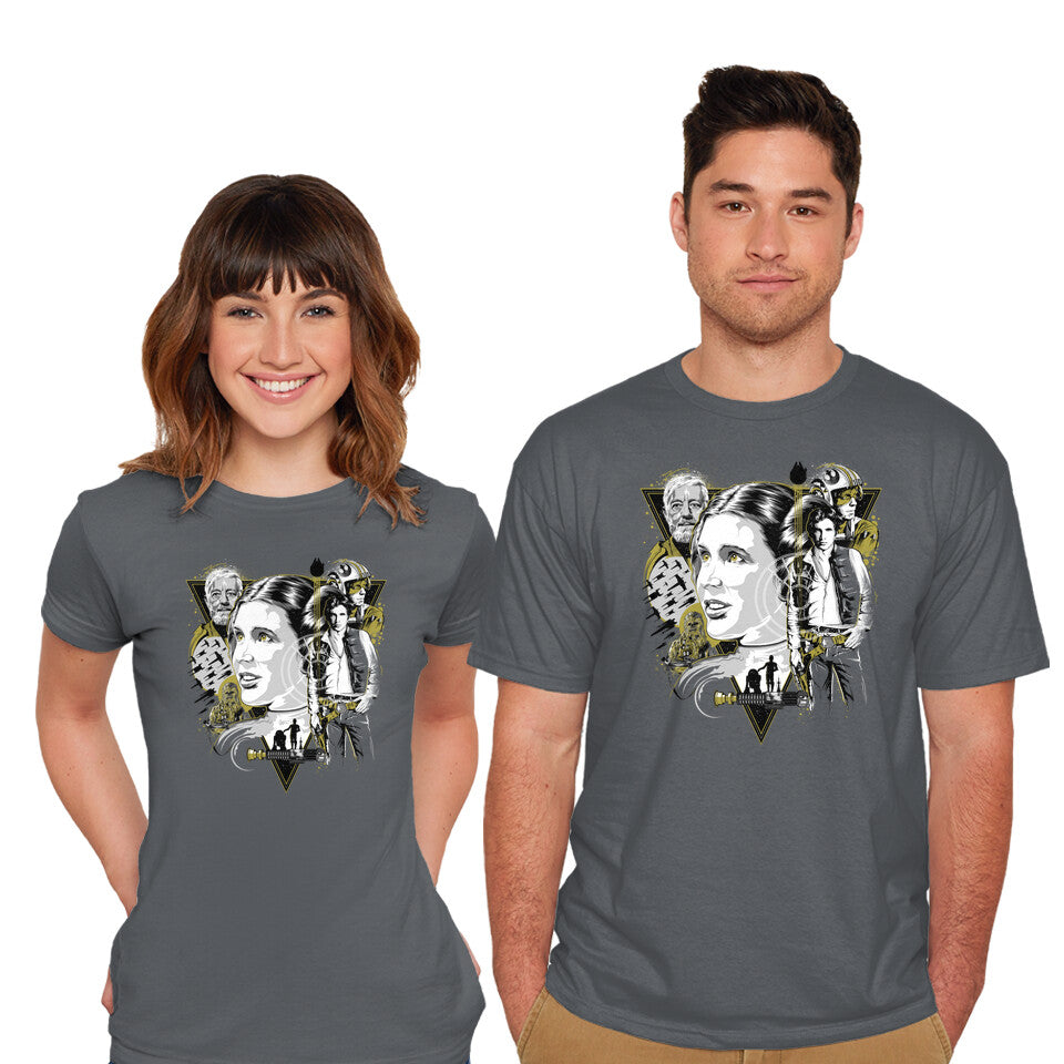 Model wearing charcoal Classic Trilogy – Sci-Fi Graphic T-Shirt