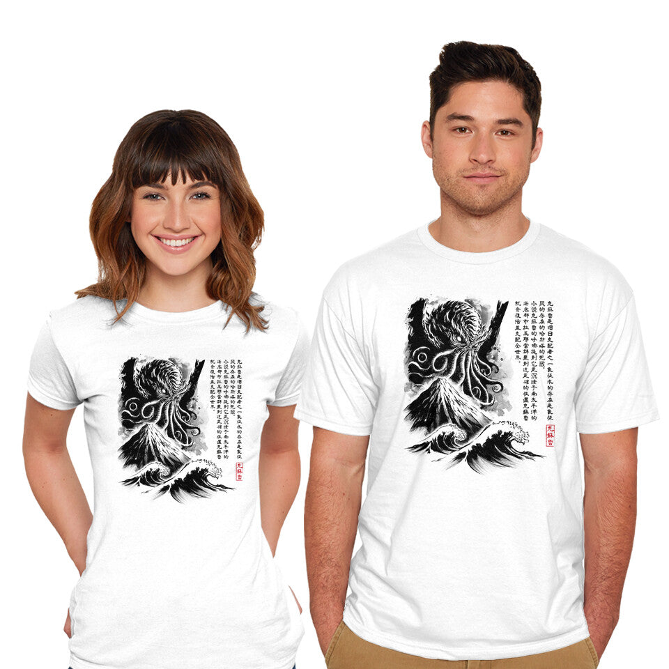 Model wearing white Great Old One Sumi-e Graphic T-Shirt