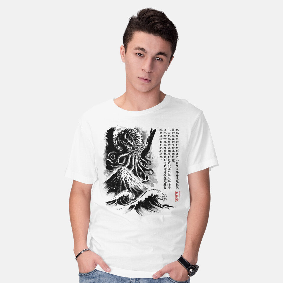 Model wearing white Great Old One Sumi-e Graphic T-Shirt