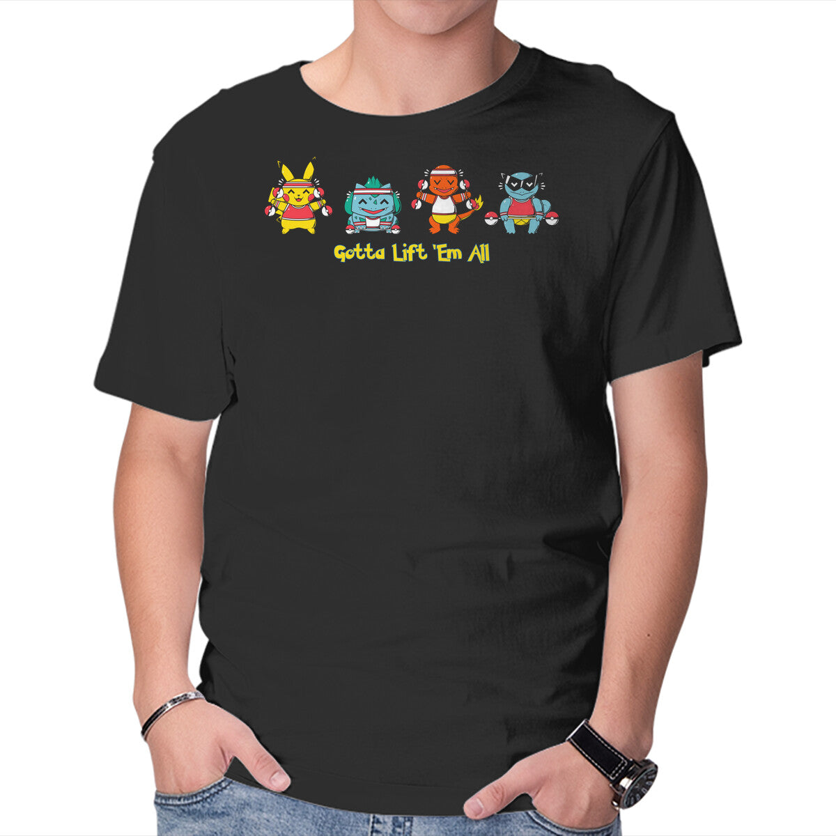 Gotta Lift Em All – Anime Graphic T-Shirt in black, product display
