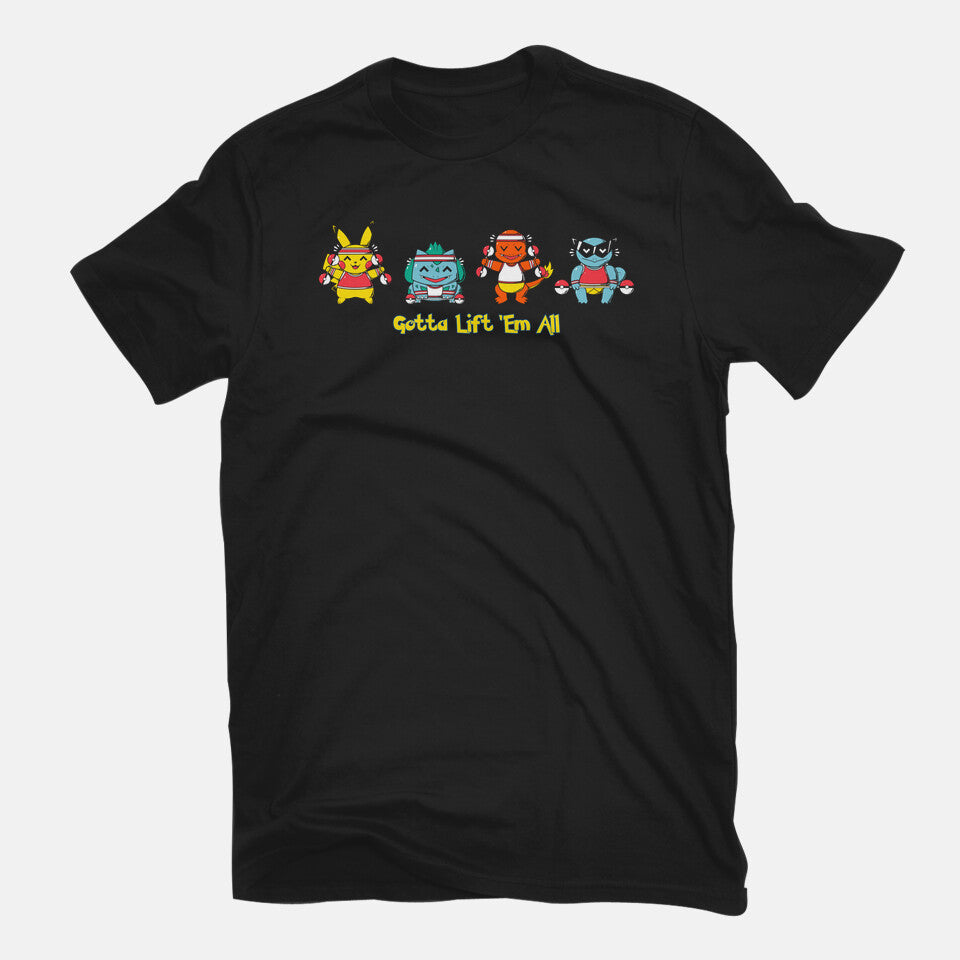 Gotta Lift Em All – Anime Graphic T-Shirt in black, flat-lay product view