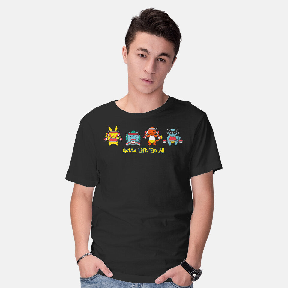 Model wearing black Gotta Lift Em All – Anime Graphic T-Shirt