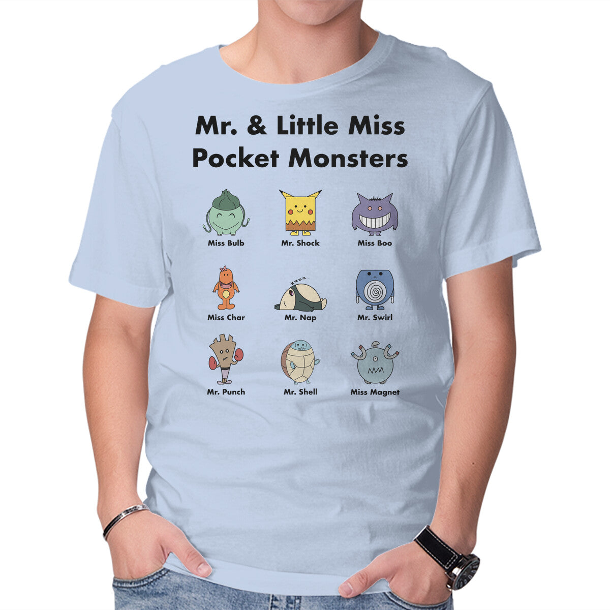 Mr And Little Miss Pocket Monsters – Anime Graphic T-Shirt in blue, product display