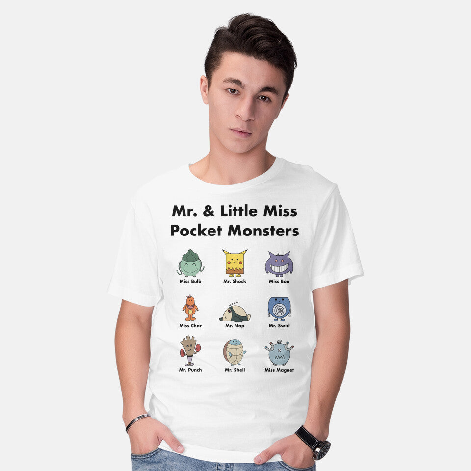 Model wearing white Mr And Little Miss Pocket Monsters – Anime Graphic T-Shirt