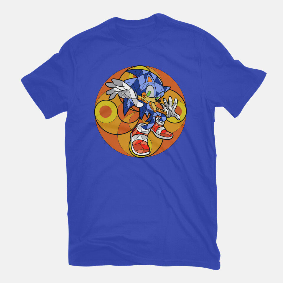 Geometric Runner – Gaming Graphic T-Shirt in royal blue, flat-lay product view