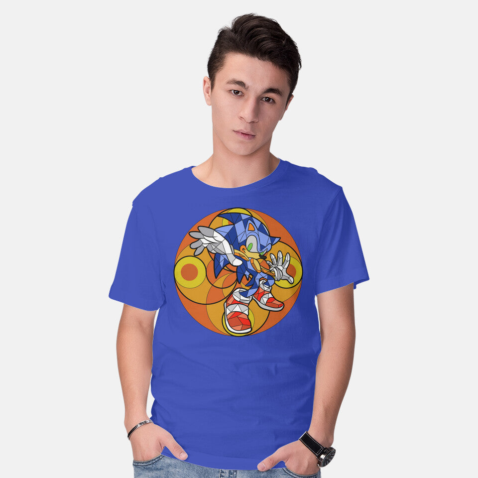 Model wearing royal blue Geometric Runner – Gaming Graphic T-Shirt