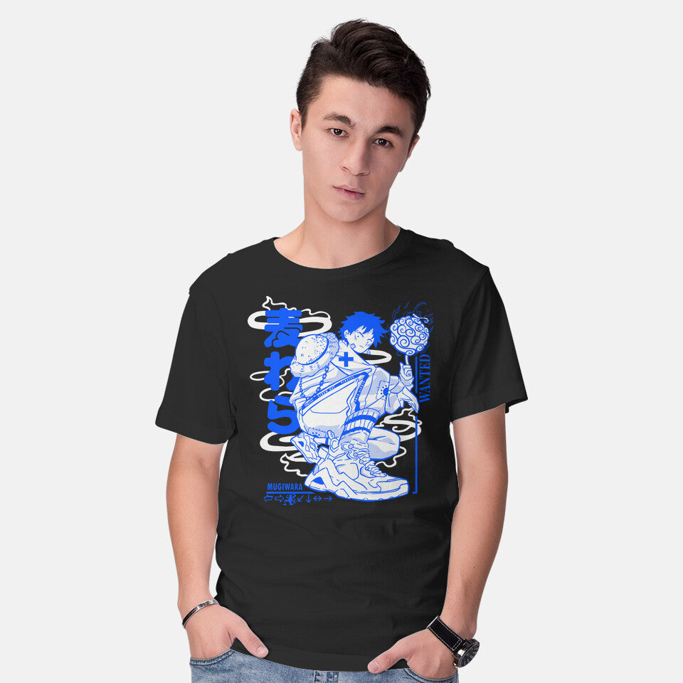 Model wearing black Pirate Punk – Anime Graphic T-Shirt