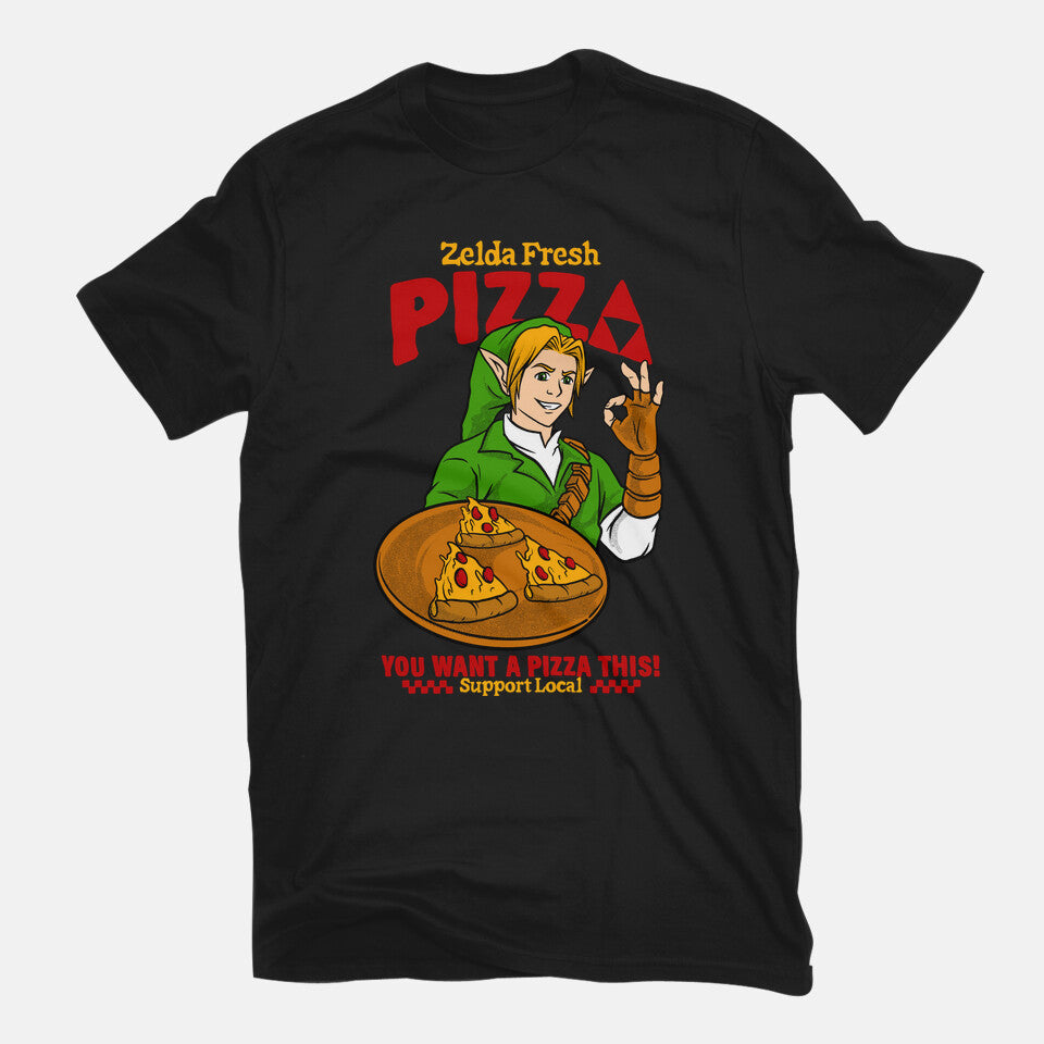 Fresh Pizza – Gaming Graphic T-Shirt in black, flat-lay product view