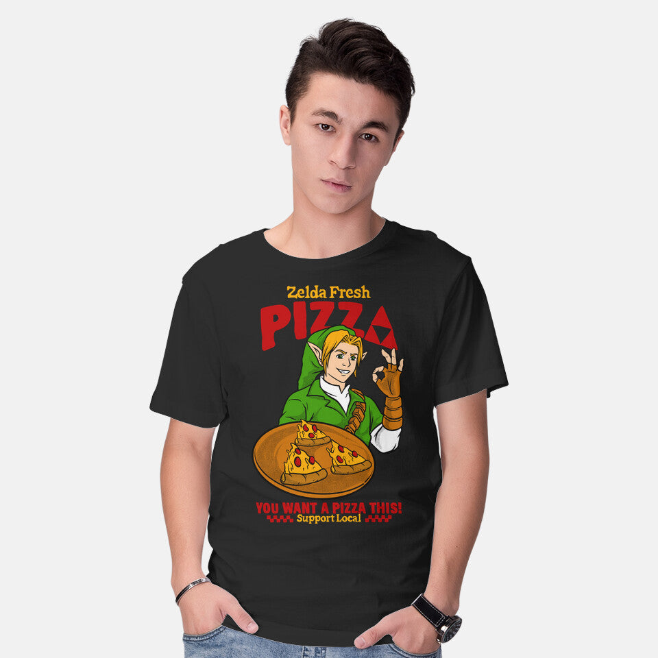 Model wearing black Fresh Pizza – Gaming Graphic T-Shirt