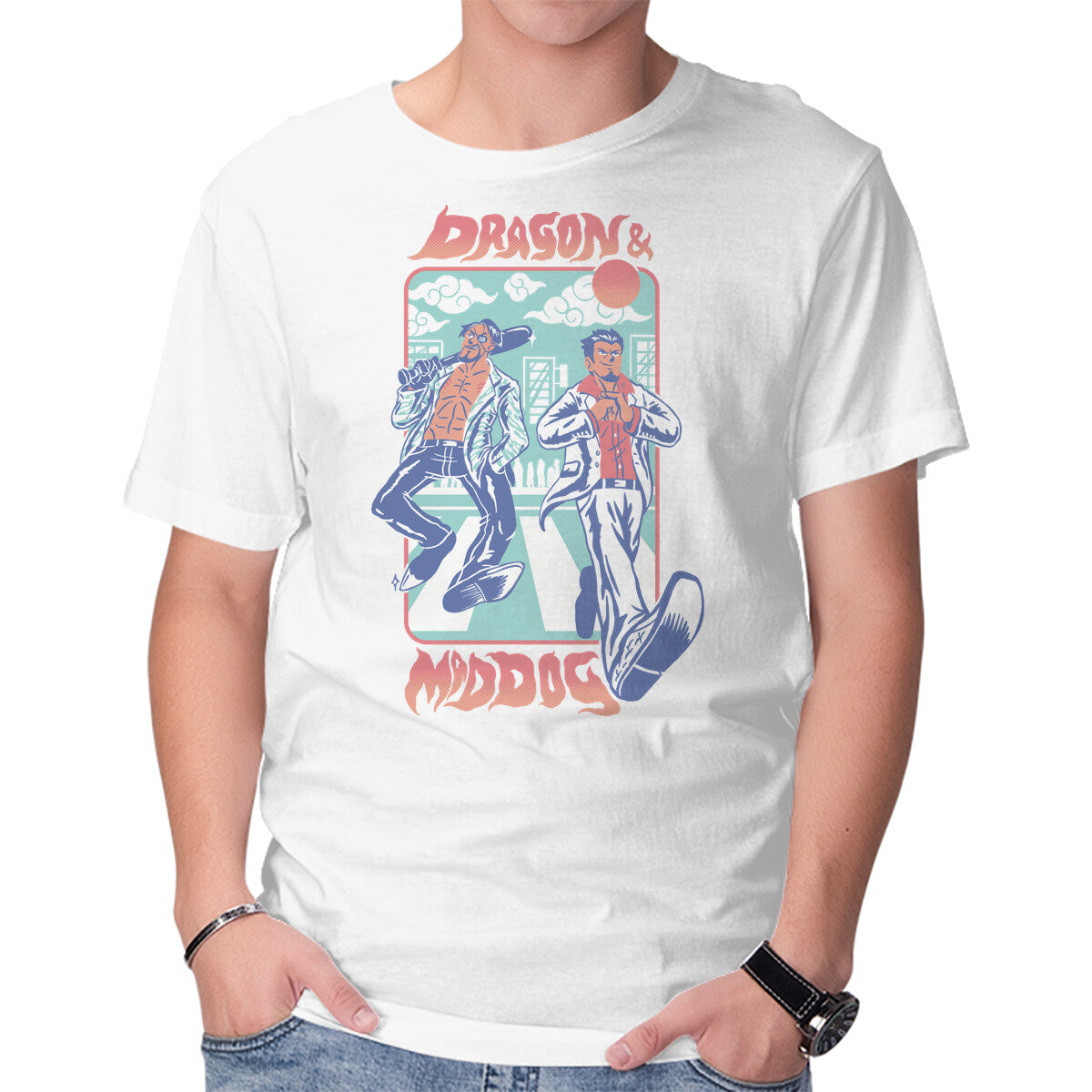 Dragon And Mad Dog – Gaming Graphic T-Shirt in white, product display