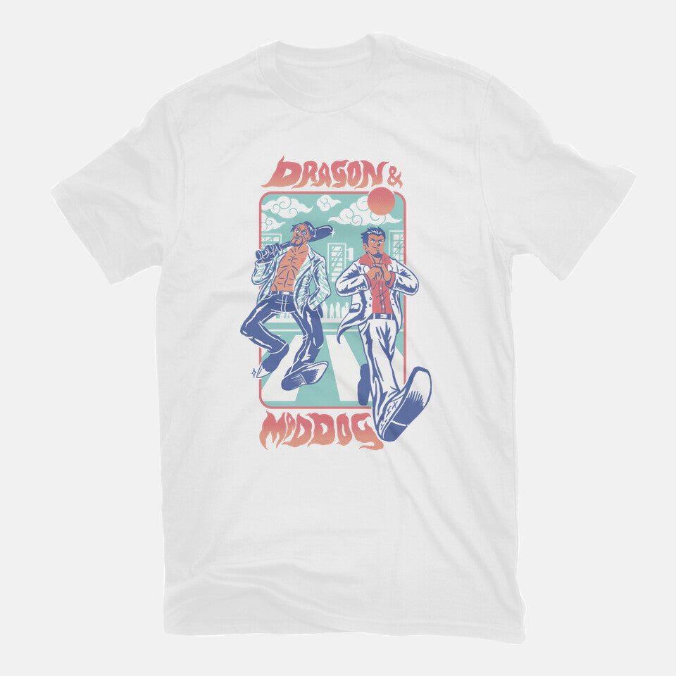 Dragon And Mad Dog – Gaming Graphic T-Shirt in white, flat-lay product view