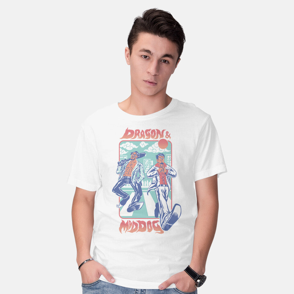 Model wearing white Dragon And Mad Dog – Gaming Graphic T-Shirt