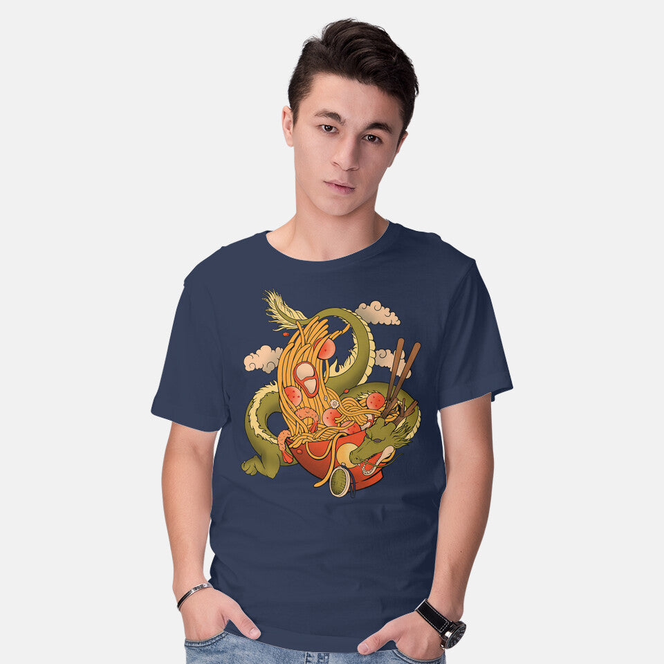 Model wearing navy The Dragon Ramen – Anime Graphic T-Shirt