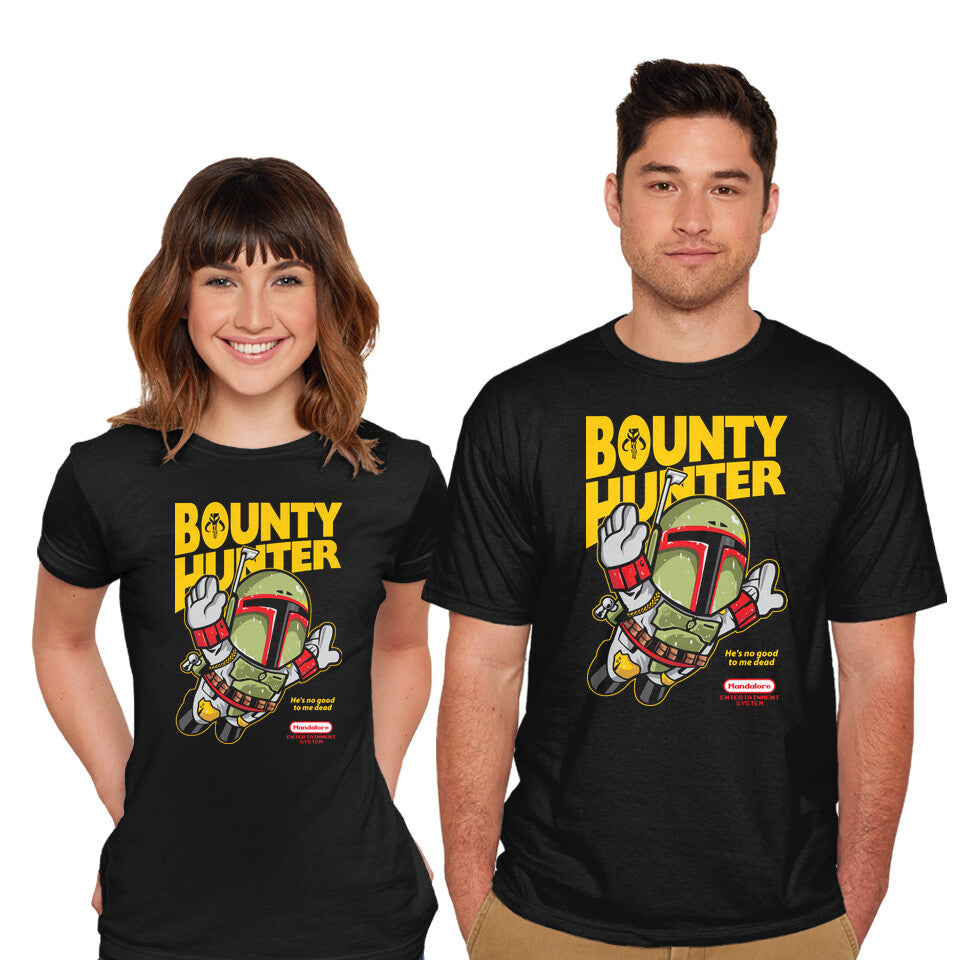 Model wearing black Super Hunter – Sci-Fi Graphic T-Shirt