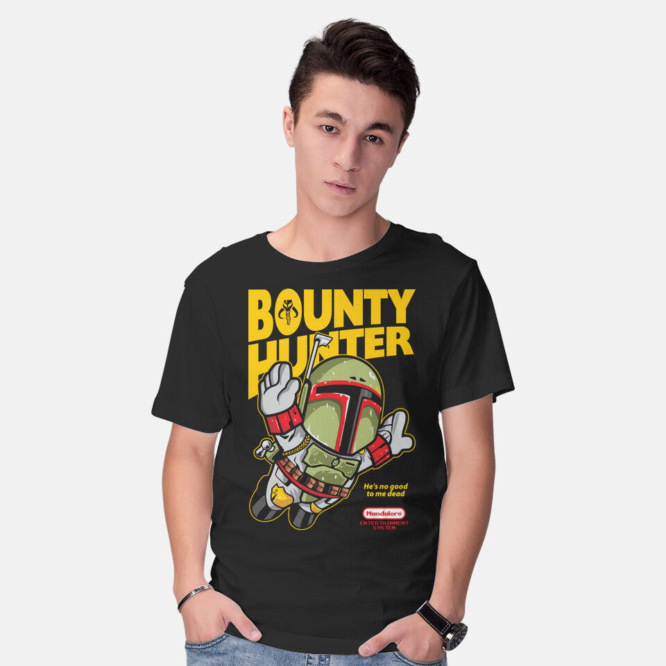 Model wearing black Super Hunter – Sci-Fi Graphic T-Shirt
