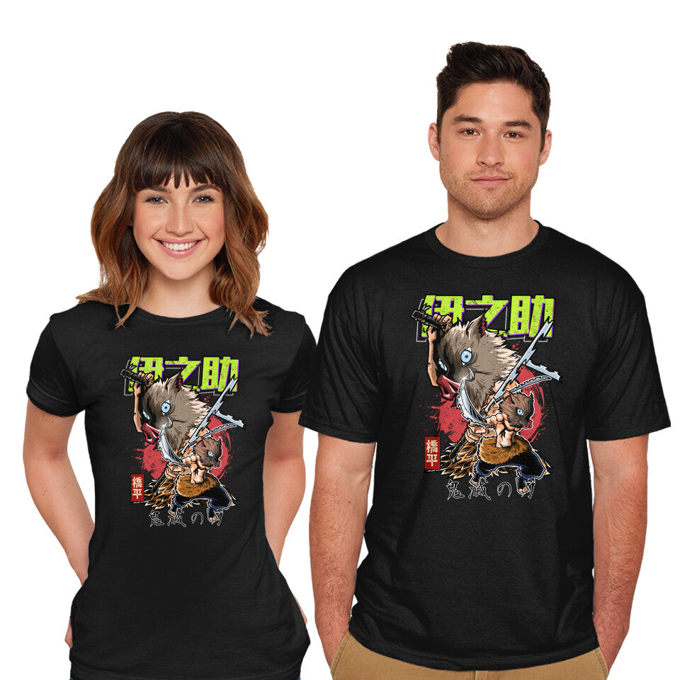 Model wearing black The Inosuke Blades – Anime Graphic T-Shirt