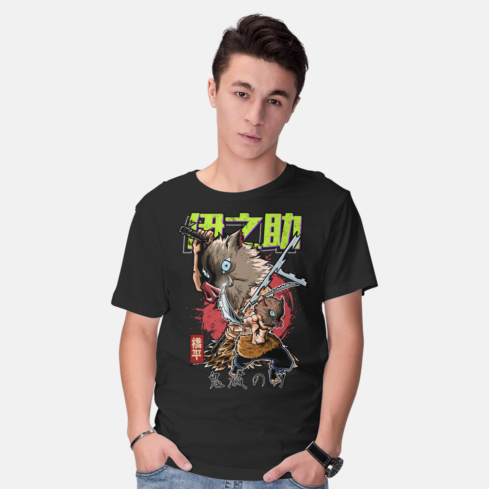 Model wearing black The Inosuke Blades – Anime Graphic T-Shirt