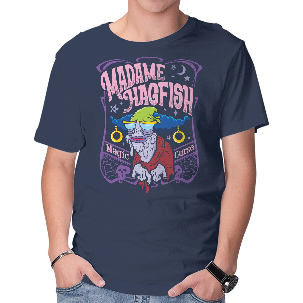 Madame Hagfish – Funny Graphic T-Shirt in navy, product display