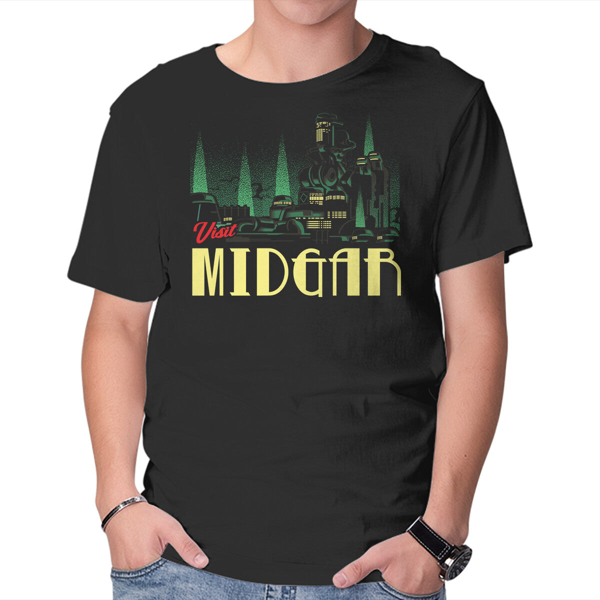Visit Midgar – Gaming Graphic T-Shirt in black, product display