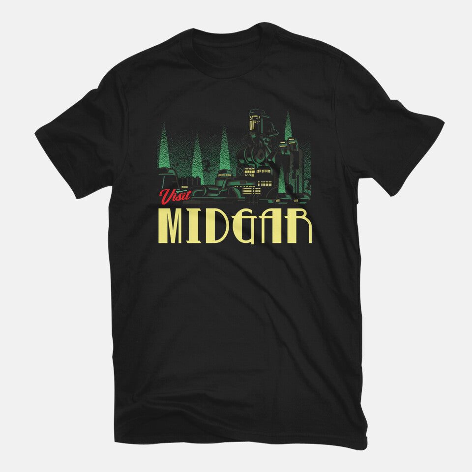 Visit Midgar – Gaming Graphic T-Shirt in black, flat-lay product view