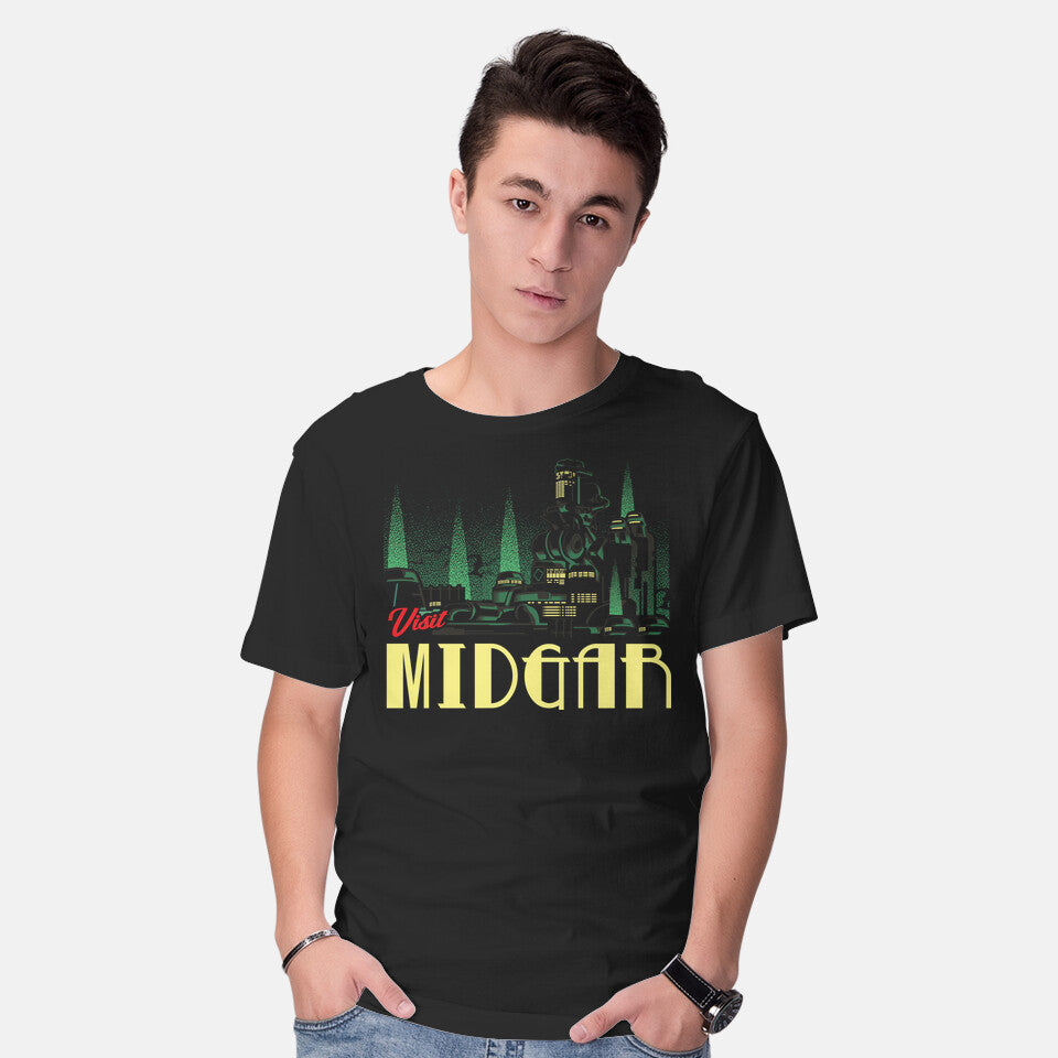 Model wearing black Visit Midgar – Gaming Graphic T-Shirt