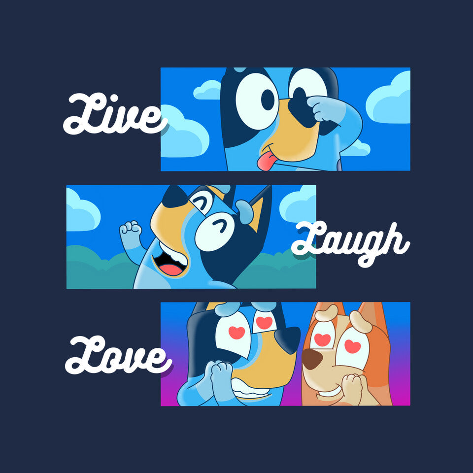 Live Laugh Love Bluey – Dog Graphic T-Shirt design artwork for navy graphic T-shirt