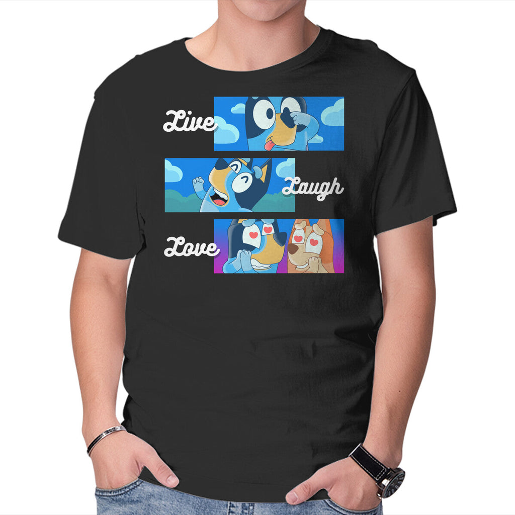 Live Laugh Love Bluey – Dog Graphic T-Shirt in black, product display