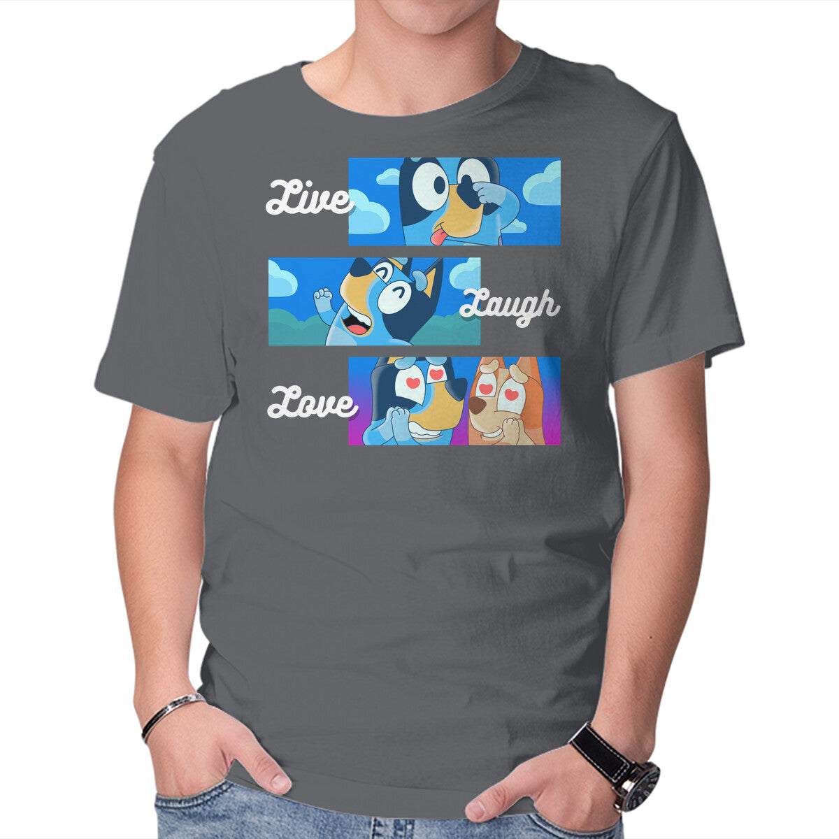 Live Laugh Love Bluey – Dog Graphic T-Shirt in charcoal, product display