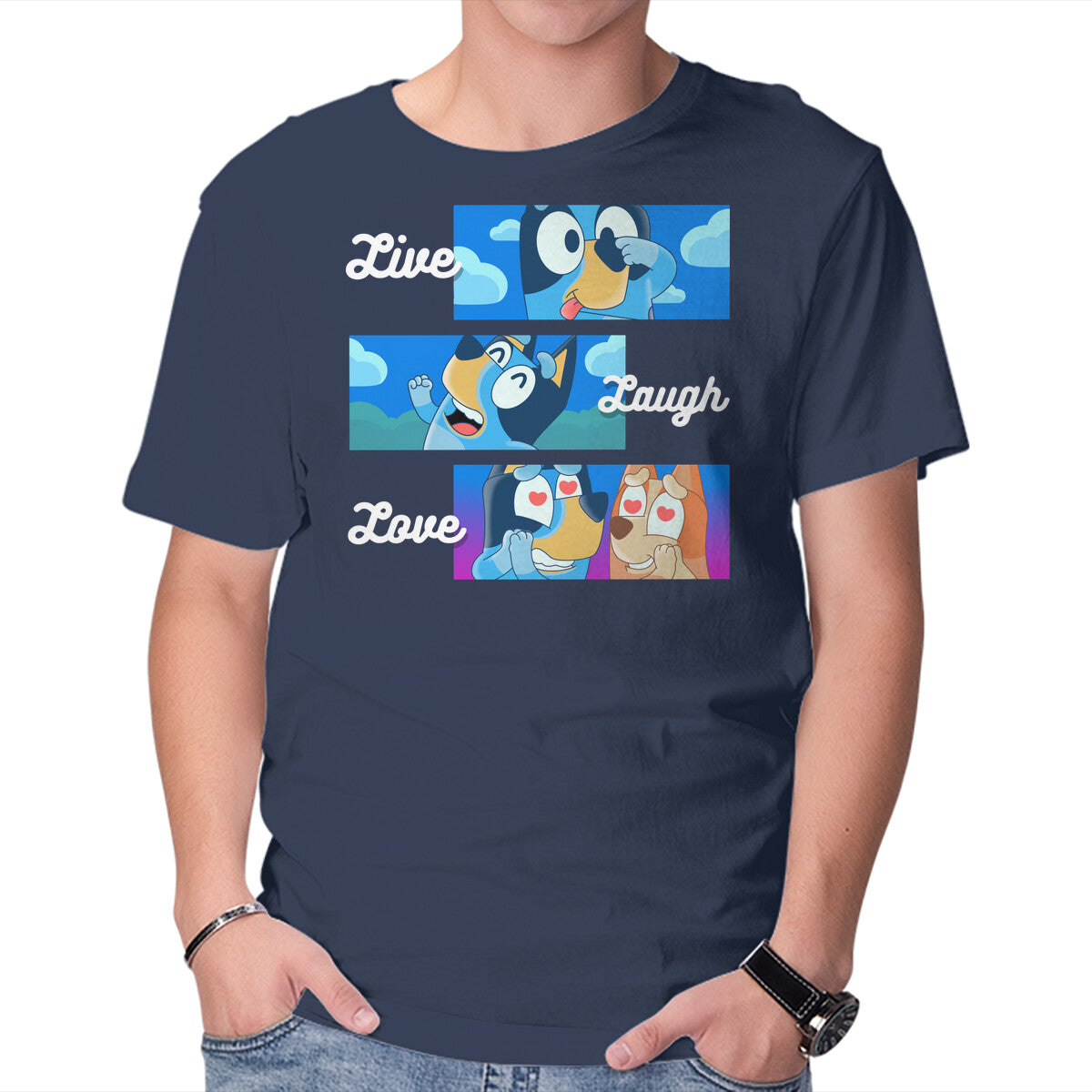 Live Laugh Love Bluey – Dog Graphic T-Shirt in navy, product display