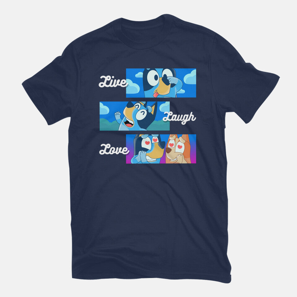Live Laugh Love Bluey – Dog Graphic T-Shirt in navy, flat-lay product view