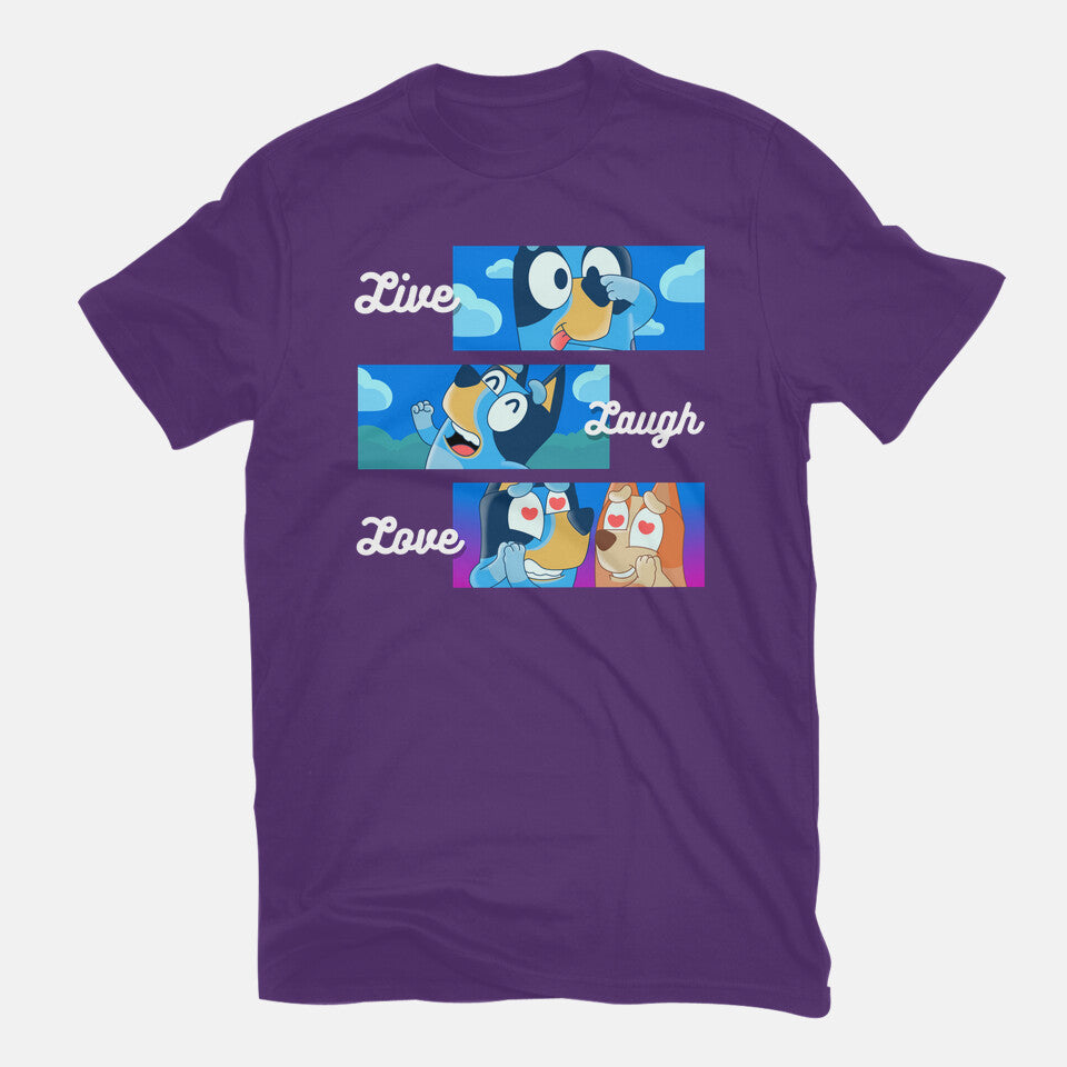 Live Laugh Love Bluey – Dog Graphic T-Shirt in purple, flat-lay product view