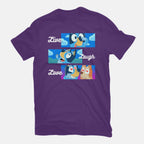 Live Laugh Love Bluey – Dog Graphic T-Shirt in purple, flat-lay product view