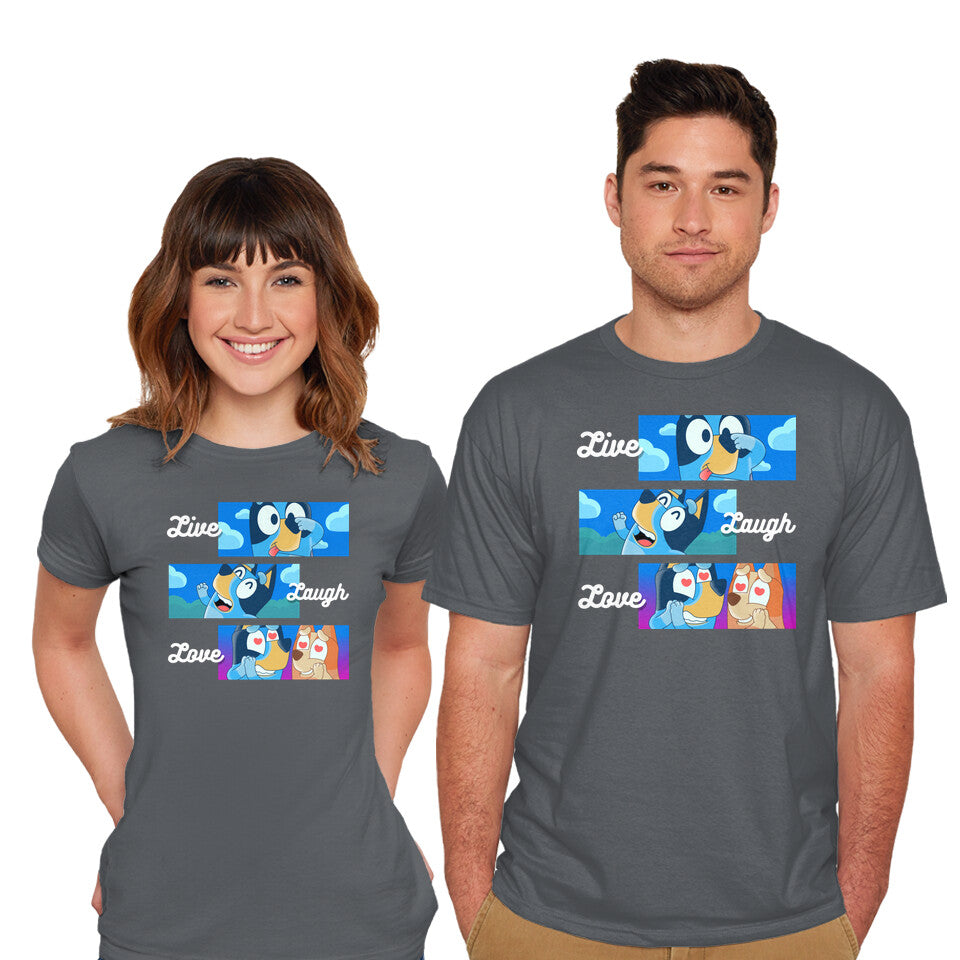 Model wearing charcoal Live Laugh Love Bluey – Dog Graphic T-Shirt