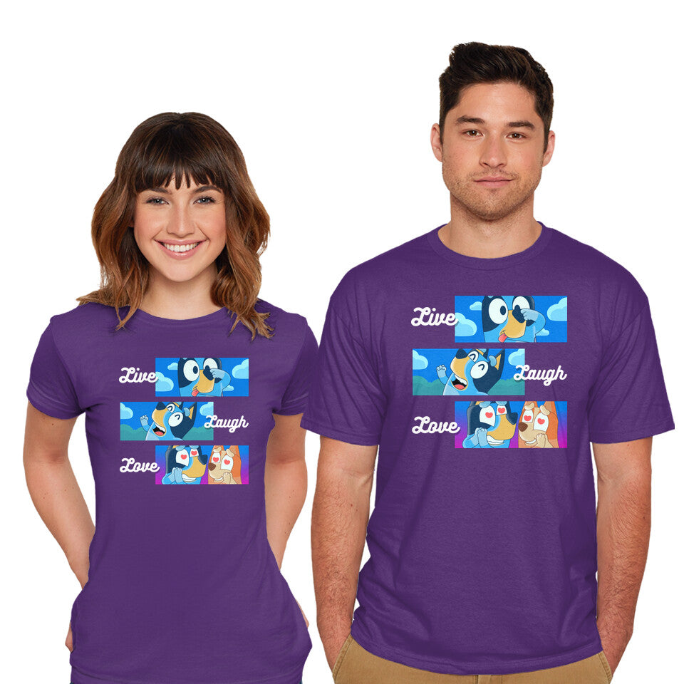 Model wearing purple Live Laugh Love Bluey – Dog Graphic T-Shirt