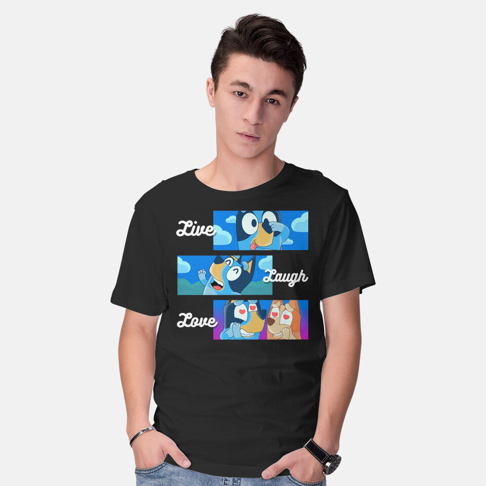 Model wearing black Live Laugh Love Bluey – Dog Graphic T-Shirt