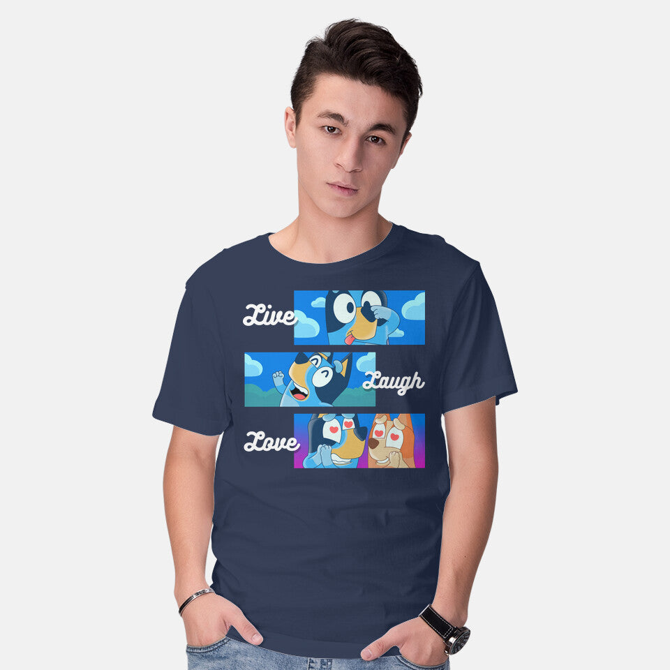 Model wearing navy Live Laugh Love Bluey – Dog Graphic T-Shirt