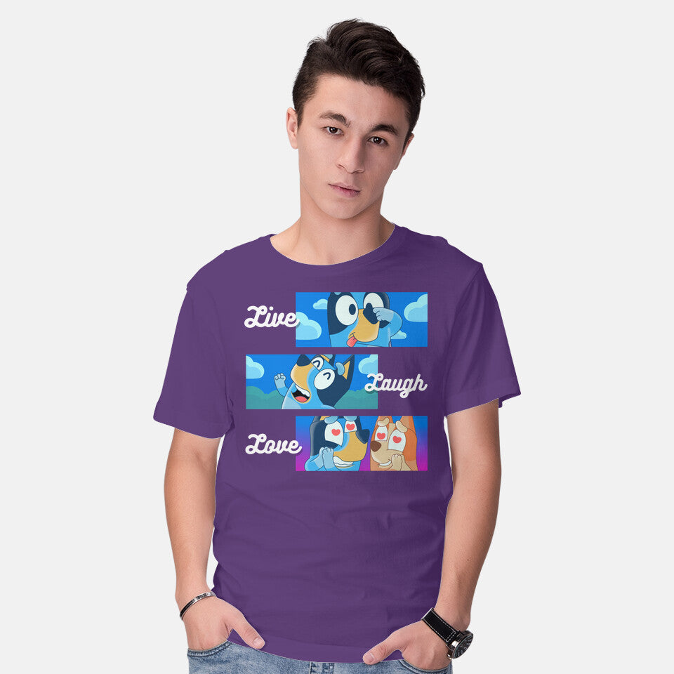 Model wearing purple Live Laugh Love Bluey – Dog Graphic T-Shirt