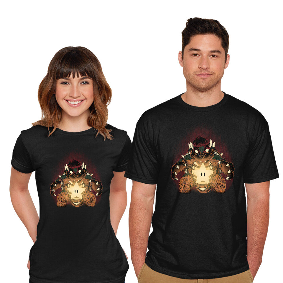 Model wearing black Bowser Star – Gaming Graphic T-Shirt
