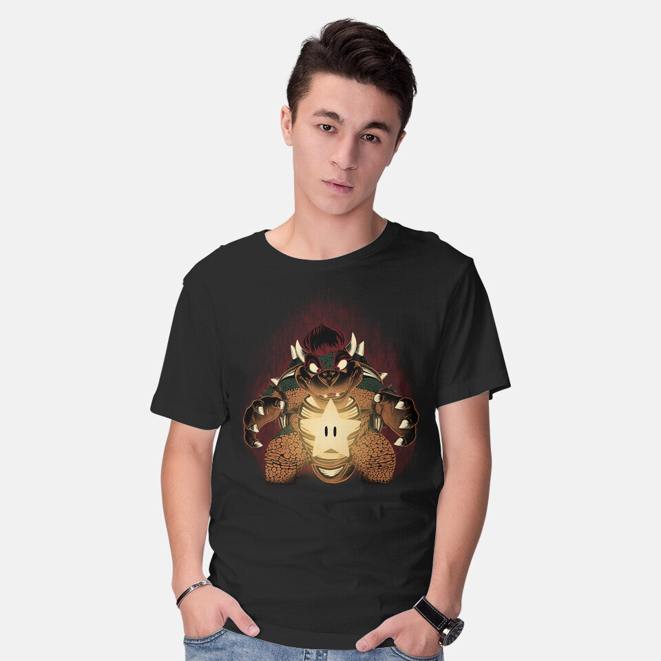 Model wearing black Bowser Star – Gaming Graphic T-Shirt