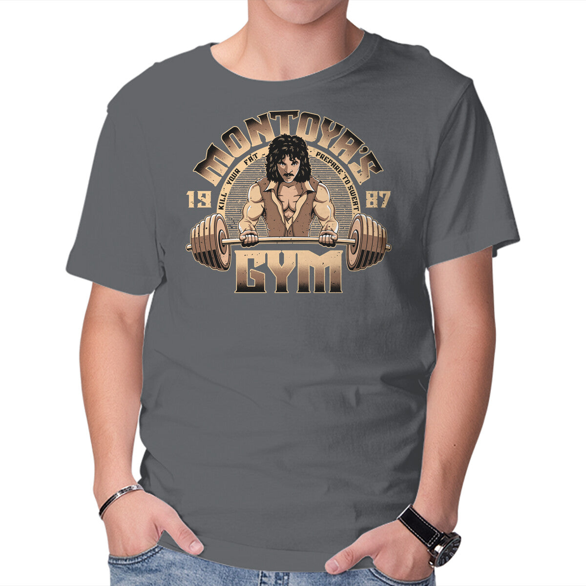Montoya's Gym – Fantasy Graphic T-Shirt in charcoal, product display
