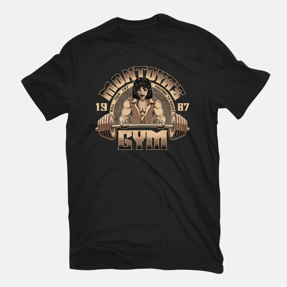 Montoya's Gym – Fantasy Graphic T-Shirt in black, flat-lay product view