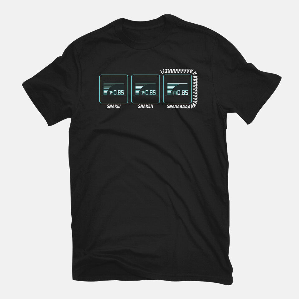 Missing Snake – Gaming Graphic T-Shirt in black, flat-lay product view