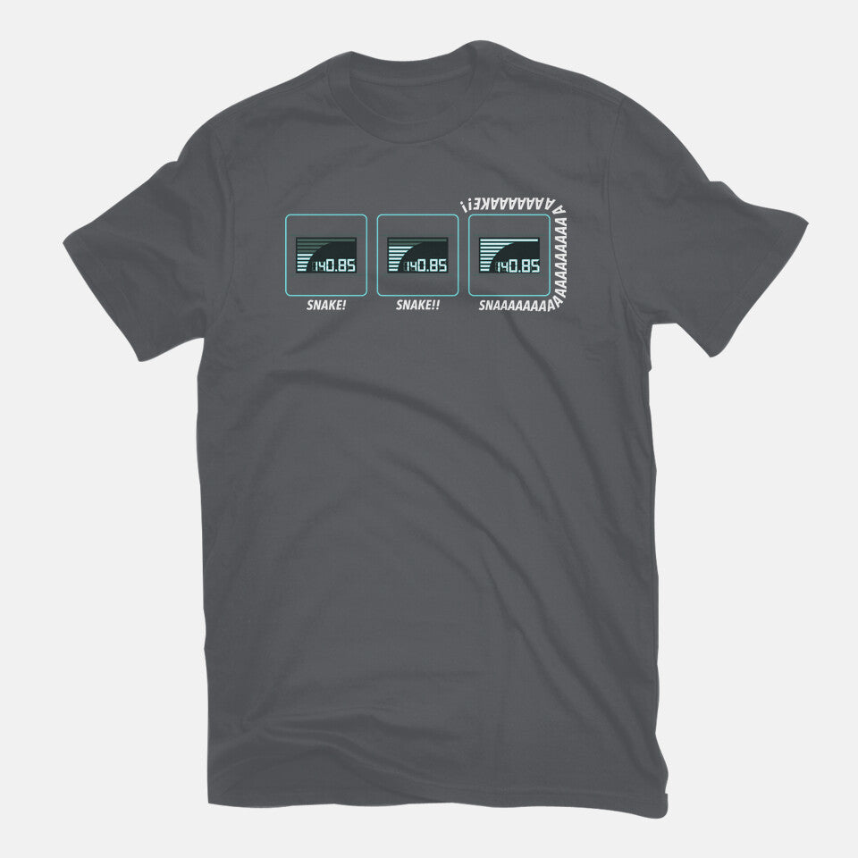 Missing Snake – Gaming Graphic T-Shirt in charcoal, flat-lay product view