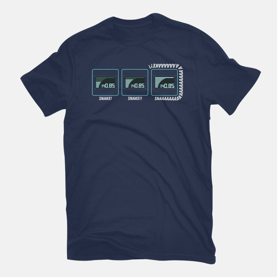 Missing Snake – Gaming Graphic T-Shirt in navy, flat-lay product view