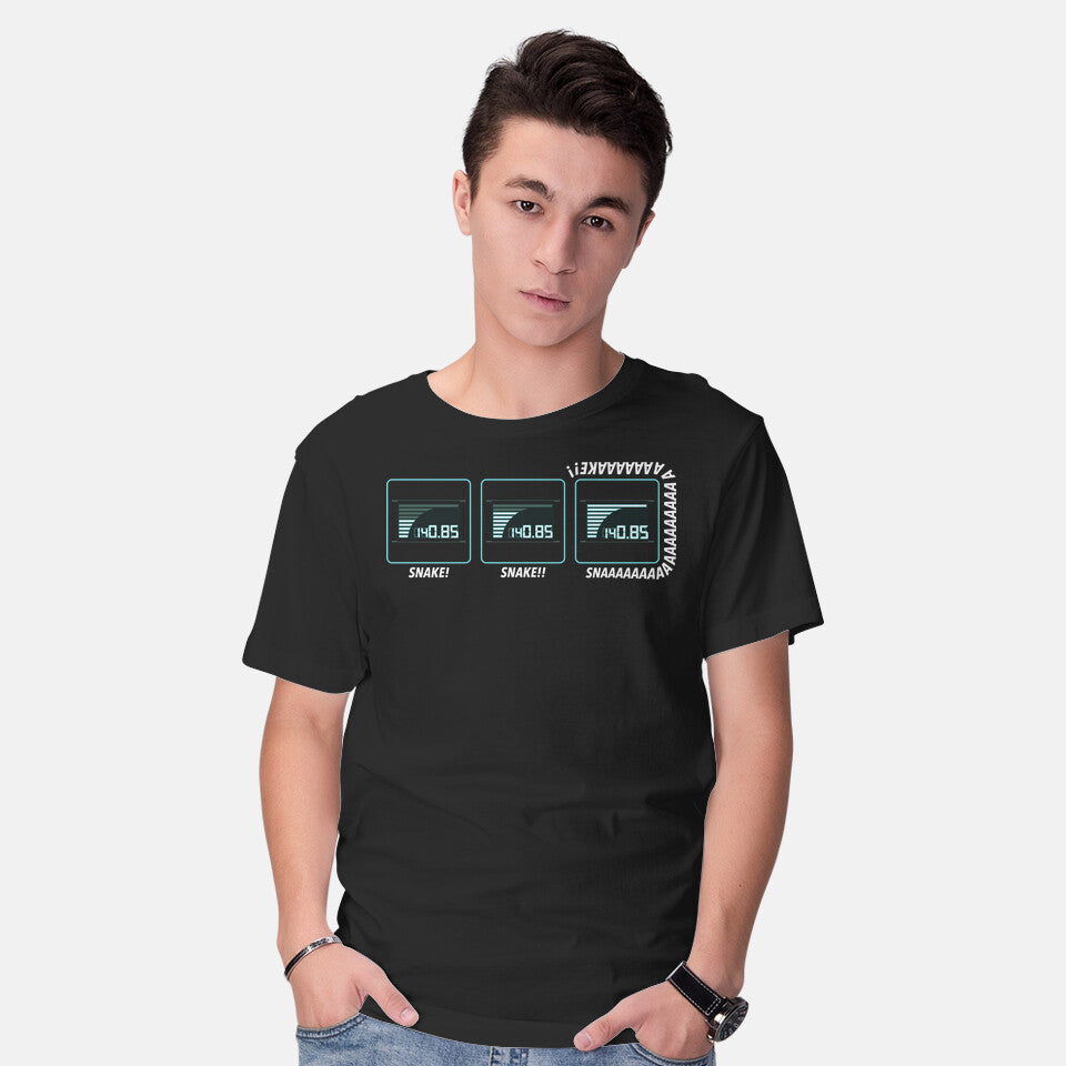 Model wearing black Missing Snake – Gaming Graphic T-Shirt