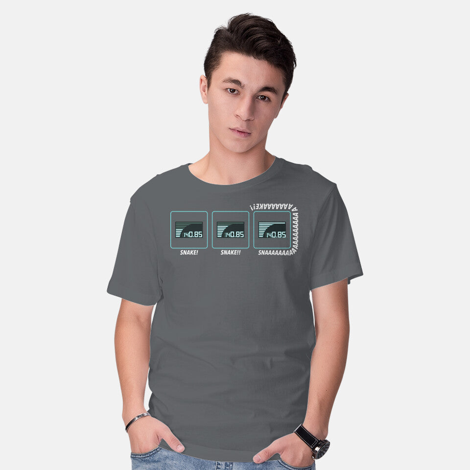 Model wearing charcoal Missing Snake – Gaming Graphic T-Shirt