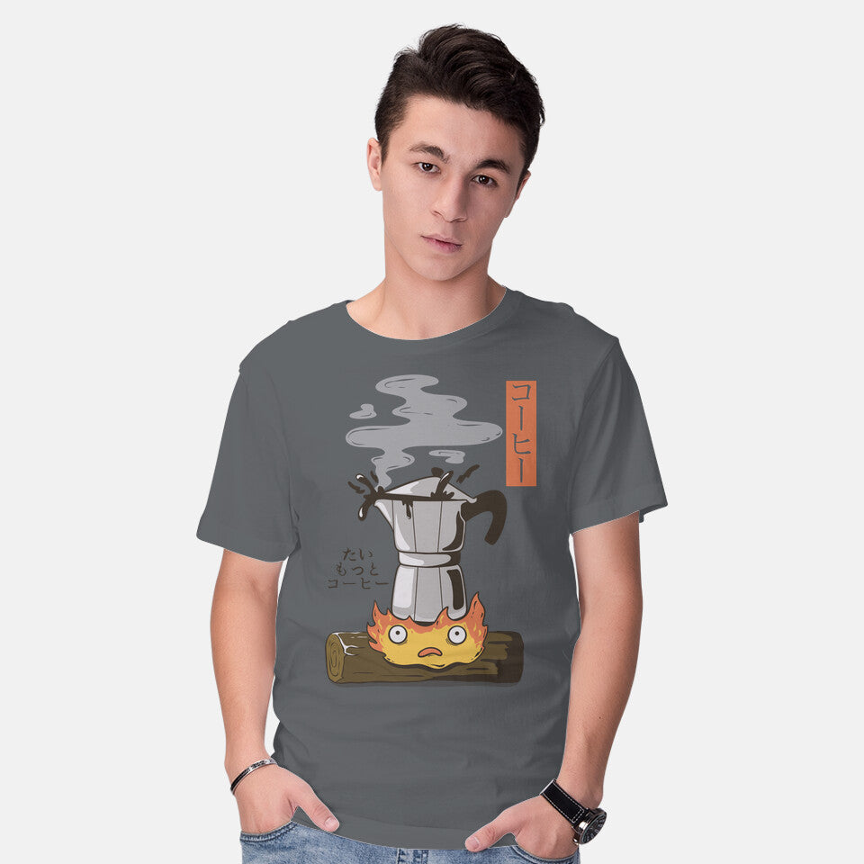 Model wearing charcoal Want More Coffee – Anime Graphic T-Shirt