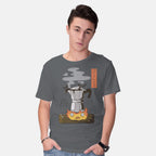 Model wearing charcoal Want More Coffee – Anime Graphic T-Shirt