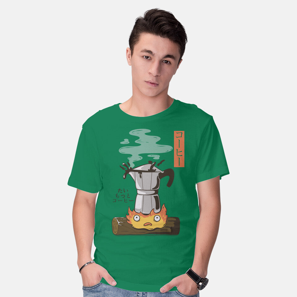 Model wearing green Want More Coffee – Anime Graphic T-Shirt